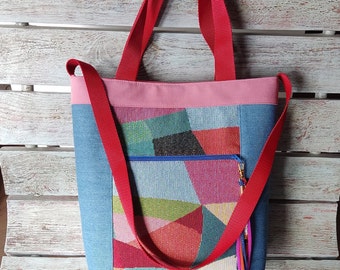 Colourful fabric tote handbag, Denim large tote bag, Denim and tapestry tote bag, Geometric print tote bag, Tote bag with zipper pocket