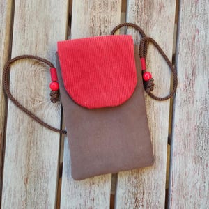 Kleine Umhängetasche mit Kordel, Handytasche mit Kordel, Umhängetasche braun rot, Handytasche mit Umschlag, Handytasche aus Stoff mit Kordel