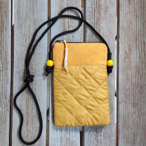Bolso bandolera pequeño amarillo, Bolso de tela para teléfono, Bolso acolchado para teléfono móvil, Bolso bandolera con cremallera, Monedero vegano para teléfono, Cartera para teléfono móvil
