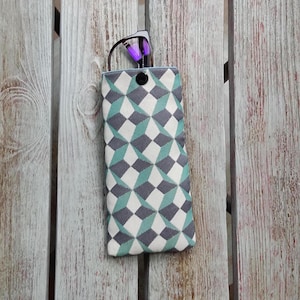 Soft padded sunglasses case, Aqua blue glasses case, Geometric glasses pouch, Fabric eyeglasses case, Reading glasses holder with snap