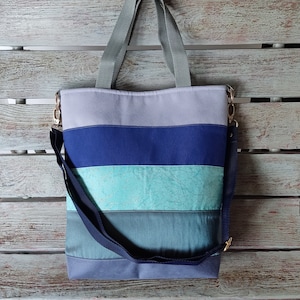 Blue canvas shopper bag, Large fabric handbags for womem, Blue Striped shoulder bag, Weekend shopper bag, Tote bag with adjustable strap