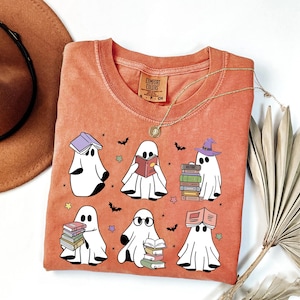 Comfort Colors® Ghost Reading Books Shirt, Bookish Halloween Shirt, Teacher Librarian Halloween Gift, Halloween Book Lover, Halloween School