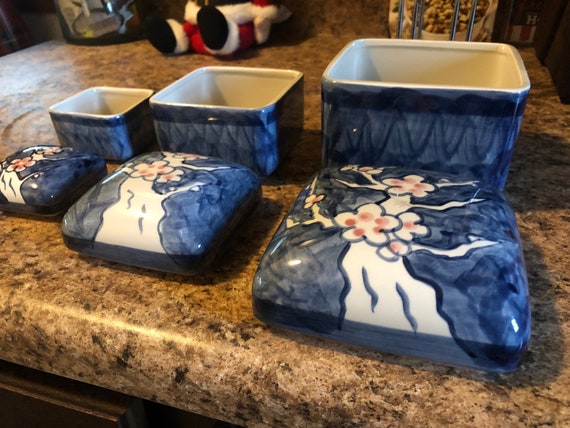 Vintage Blue Ceramic Japanese Nesting Boxes - Thr… - image 2