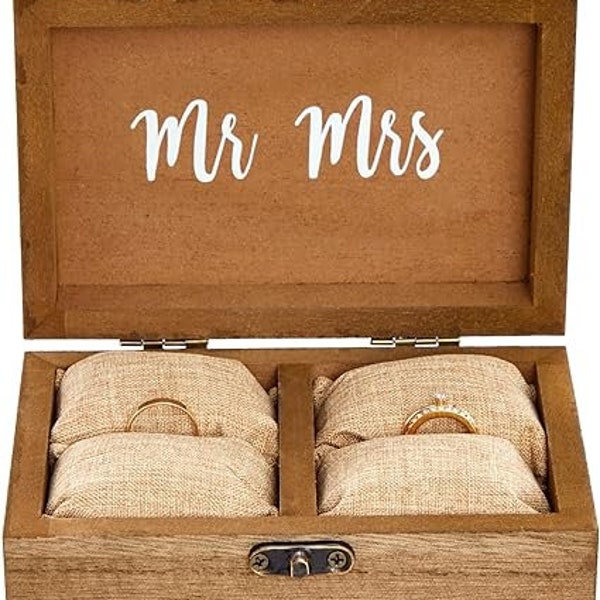 MrMrs Ring Box Juvale Wooden Two Become One Wedding Ring Box with Burlap Pillow Lining, Hinge Clasp Closure Wedding Ring Holder for 6x4x2 in