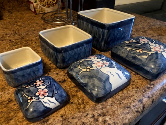 Vintage Blue Ceramic Japanese Nesting Boxes - Thr… - image 3