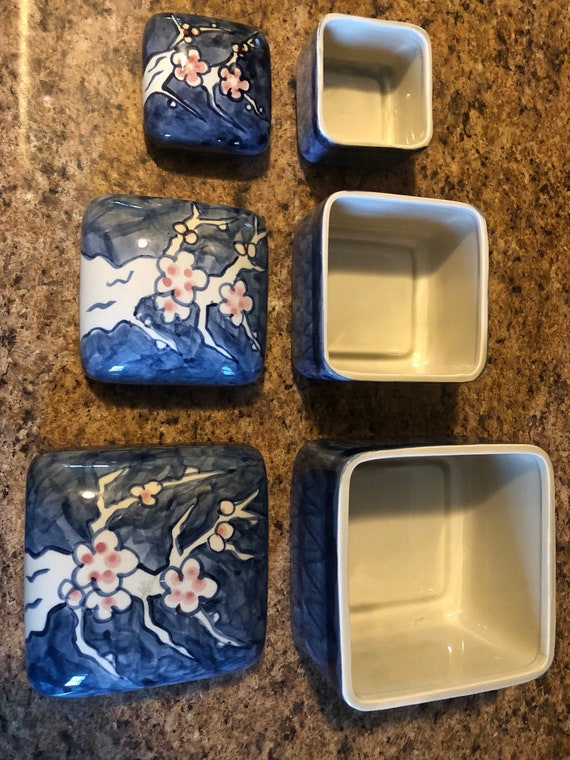 Vintage Blue Ceramic Japanese Nesting Boxes - Thre