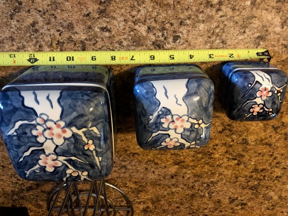 Vintage Blue Ceramic Japanese Nesting Boxes - Thr… - image 4