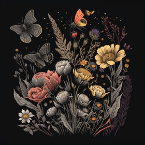 Puede incluir: Una ilustración de estilo vintage de un ramo de flores y mariposas. El ramo presenta una variedad de flores en tonos de rosa, amarillo y blanco, incluyendo rosas, margaritas y flores silvestres. Las mariposas son en tonos de naranja, marrón y negro, y vuelan alrededor de las flores.