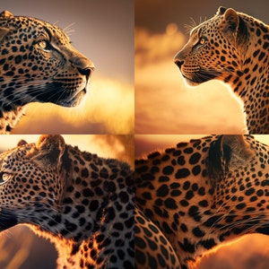 Peut inclure: Un gros plan sur le visage d'un léopard, avec sa fourrure mouchetée de taches brunes et noires. Le léopard regarde vers la droite, les yeux ouverts et la bouche fermée. L'arrière-plan est un coucher de soleil flou.