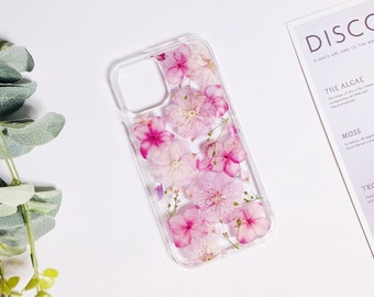 Coque de portable rose sakura et hortensia à fleurs pressées pour iPhone 15 Pro Max 14, coque pour Samsung S24 Ultra S23 Ultra A53, Google Pixel 7 Pro