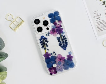 Natural blue purple hydrangeas pressed flower phone case for iPhone 15 Pro Max,Samsung S24 Ultra S23 Ultra A35 A55 case,Google Pixel 8 Pro