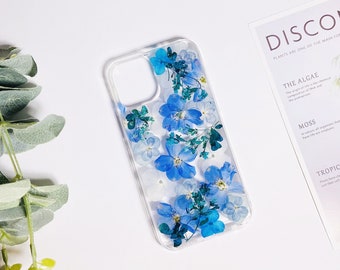 Blue real flowers pressed flower phone case for iPhone 15 Pro Max 14 13, Samsung Z Flip 5 Fold 5 S23 Ultra A53 case, Google Pixel 7 Pro 7A