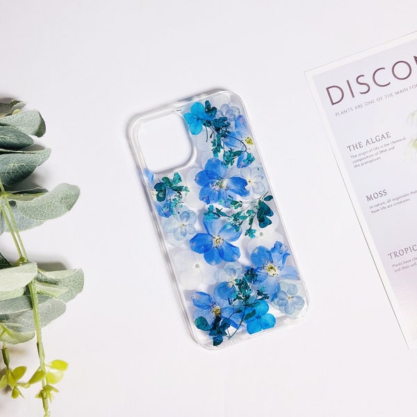 Blaue echte Blumen gepresste Blumen Handyhülle für iPhone 15 Pro Max 14 13, Samsung S24 Ultra S23 Ultra A53, Google Pixel 7 Pro