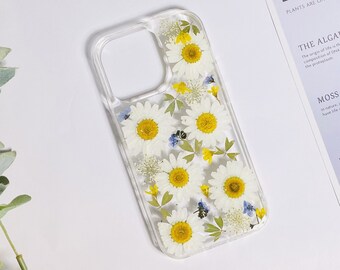 White daisy real pressed flower phone case for iPhone 15 Pro Max 14, Samsung S24 Ultra S23 Ultra A53 case, Google Pixel 8 Pro 7 Pro