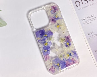 Étui pour iPhone 15 Pro Max 14 13, fleurs pressées bleu blanc violet, étui pour Samsung S24 Ultra S23 Ultra A53, Google Pixel 7 Pro