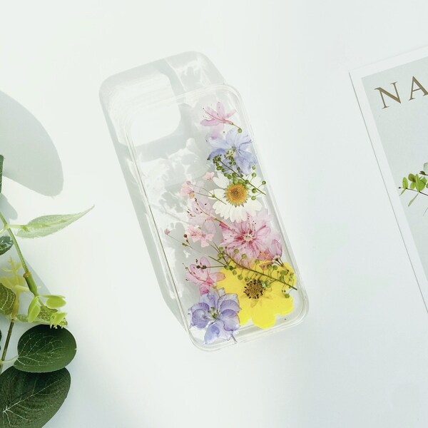 Yellow pink white purple flower pressed flower phone case for iPhone 15 Pro Max,Samsung S24 Ultra S23 Ultra A53 case,Google Pixel 8 Pro
