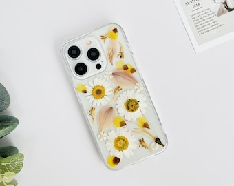 Natural narcissus white daisy pressed flower phone case for iPhone 15 Pro Max 14,Samsung S24 Ultra S23 Ultra A35 A55 case,Google Pixel 8 Pro