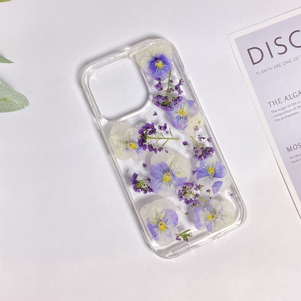 Étui pour iPhone 15 Pro Max 14, fleurs bleues, fleurs pressées pour Samsung S24 Ultra S23 Ultra A53, étui pour Google Pixel 8 Pro 7 Pro 6 5