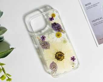 Big white flower purple pressed flower phone case for iPhone 15 Pro Max 14 Pro,Samsung S24 Ultra S23 Ultra A53 case,Google Pixel 8 Pro