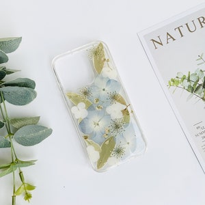 Natural blue white hydrangeas pressed flower phone case for iPhone 15 Pro Max,Samsung S24 Ultra S23 Ultra A53 case,Google Pixel 8 Pro