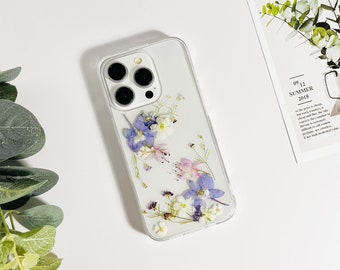 Natural blue white flower pressed flower phone case for iPhone 15 Pro Max 14 Pro,Samsung S24 Ultra S23 Ultra A35 A55 case,Google Pixel 8 Pro