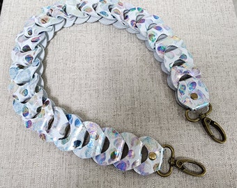 Purse Straps: Unique, handmade, genuine leather. Bubbly Iridescent Rainbow on White. Various sizes available. See listing for details.