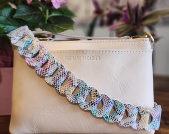 Purse Straps: Handmade of full grain leather. Rainbow shades on white.  Various sizes available. See listing for details.