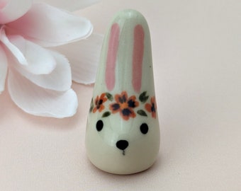 Cute handmade ceramic bunny figurine with flower crown. Small rabbit decor. Small-batch ceramics. Hand-painted pottery.  Easter gift.