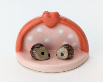 Cute, miniature ceramic altar shelf with hedgehogs. Adorable handmade heart arch 3 piece set. Small-batch ceramics. Hand-painted pottery.