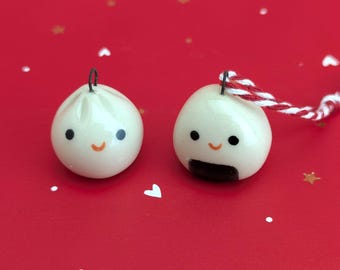Mini handmade ceramic dumpling & rice ball ornaments. Mini onigiri decor. Adorable xmas dumpling. Small-batch ceramics. Handpainted pottery.