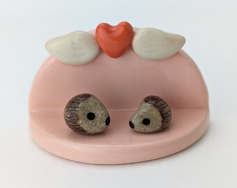 Cute, miniature ceramic altar shelf w/ hedgehogs. Adorable handmade heart w/ wings 3 piece set. Small-batch ceramics. Hand-painted pottery.