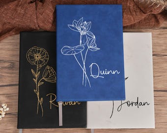 Personalized Leather Journal Notebook, traveler journal, Birthflower Journal With Name, Refillable leather journal a5, Diary For Her