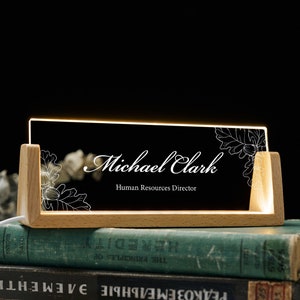 Custom office desk nameplate with wooden base, office light decor, phd gifts, holiday corporate gifts, promotion gift, new job gift