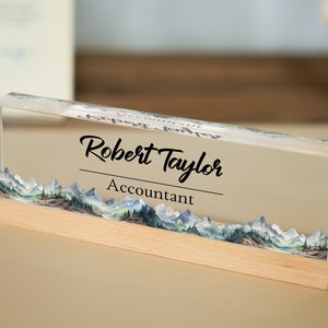 Personalized Name Plate with Wooden Base for Desk | Custom Office Decor Gift for Coworker, Mountains Design On Clear Acrylic, Desk Nameplate