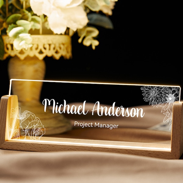 Desk Nameplate with Wooden Base Personalized, Lighted Acrylic Nameplate, Office Decor, Business Gift, Employee Gifts, Gifts for Him/Her