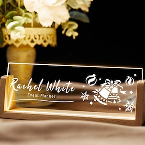 Custom acrylic desk nameplate with bell pattern, LED light nameplate, office desk accessories, office Christmas gift for boss coworkers