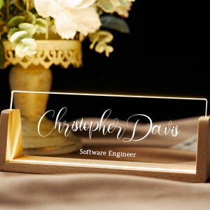 Personalized Desk Name Plate with Wooden Base, Lighted Acrylic Nameplate, Desk Accessories, Office Gifts for Boss Coworkers