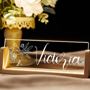 Personalized Birth Flower Name Plate with Base, Lighted Acrylic Light, Floral Clear Acrylic, Mother&#39;s Day gifts, Office Gift for Boss Lady