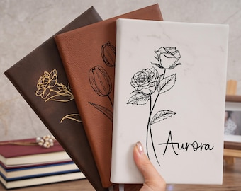 Personalized Birthflower Leather Journal, Leather Journal Notebook, Refillable leather journal a5, Diary For Her, Valentines Day Gift