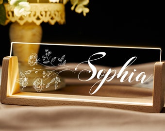 Custom Birth Flower Acrylic Nameplate, Personalized Floral Acrylic Light for Women, Name Acrylic Light for Mom, Mother's Day Gifts