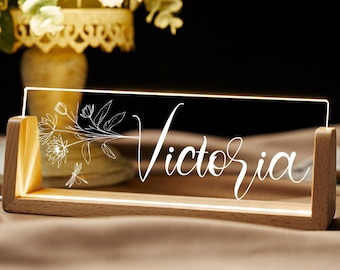 Personalized Birth Flower Name Plate with Base, Lighted Acrylic Light, Floral Clear Acrylic, Mother's Day gifts, Office Gift for Boss Lady
