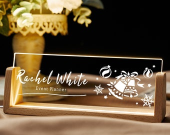 Custom acrylic desk nameplate with bell pattern, LED light nameplate, office desk accessories, office Christmas gift for boss coworkers