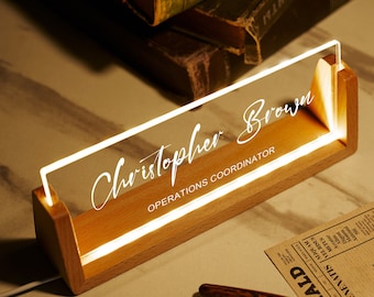 Personalized desk nameplate with wooden base, lighted acrylic name sign, LED light desk accessories, Christmas gifts for boss coworkers