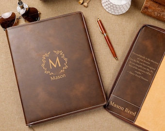 Custom Leather Portfolio with Zip, Personalized Refillable Padfolio, Phd Gift, Gifts for Boyfriend, Gifts for him