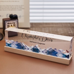 Personalized Name Plate with Wooden Base for Desk | Custom Office Decor Gift for Coworker, Flowers Design On Clear Acrylic, Desk Nameplate