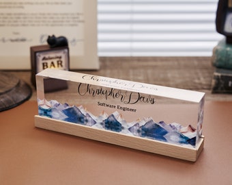 Personalized Name Plate with Wooden Base for Desk | Custom Office Decor Gift for Coworker, Flowers Design On Clear Acrylic, Desk Nameplate