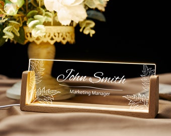 Personalized Desk Name Plate with Wooden Base, Personalized Office Light Decor, Phd Gift, Teacher Nameplate, Home Decor, Gift for Daughter