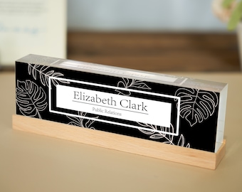 Panneau de bureau en acrylique personnalisé sur support en bois de noyer, rehaussez votre espace de travail avec une plaque signalétique en acrylique personnalisée, une élégance de bureau sur mesure