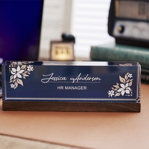 Personalized Name Plate with Wooden Base for Desk | Custom Office Decor Gift for Coworker, Flowers Design On Clear Acrylic, Desk Nameplate