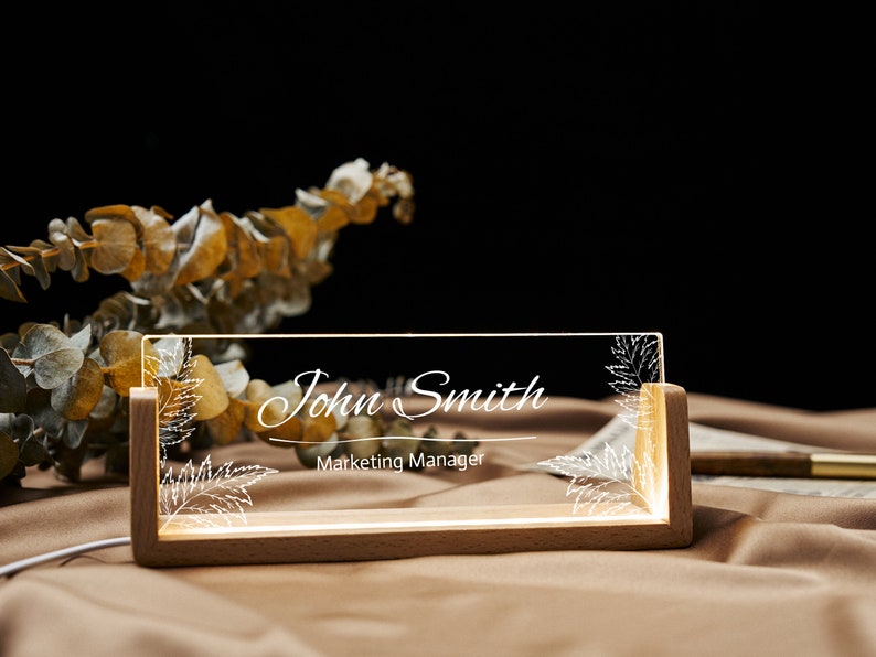 Personalized Desk Name Plate with Wooden Base, Lighted Acrylic Nameplate, Desk Accessories, Office Gifts for Boss Coworkers, New Job Gifts image 5